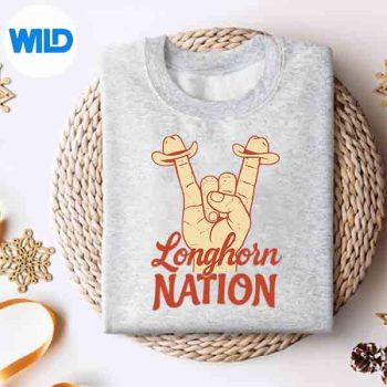 LonhornNationWithCowHatsAndHookemSignsweater