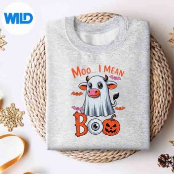 MooIMeanBooHalloweenFarmerCowCosplayBooGhostsweater