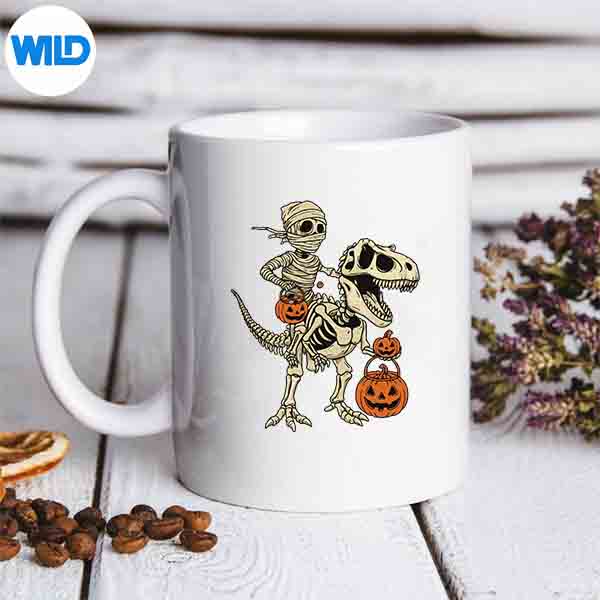 Mummy Skeleton Riding Dinosaur T Rex Halloween Silhouette SVG PNG 6