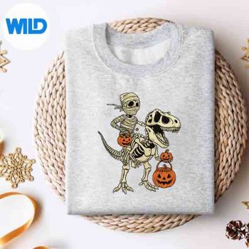 Mummy Skeleton Riding Dinosaur T Rex Halloween Silhouette SVG PNG 4 MummySkeletonRidingDinosaurTRexHalloweensweater