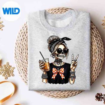 SkeletonGirlDrinkingCoffeePeaceSignForsweater