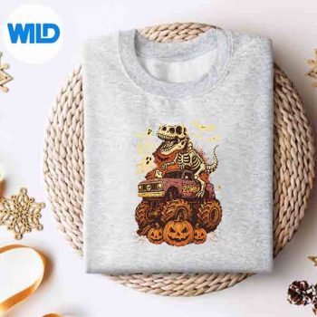 Skeleton T Rex Dinosaur Riding Monster Car Boo Halloween SVG Cut File 4 SkeletonTRexDinosaurRidingMonsterCarBooHalloweensweater