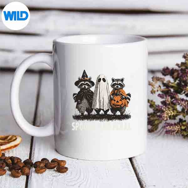 SpookyAndFeralHalloweenCuteGhostRaccoonTrickOrTreatmug 1