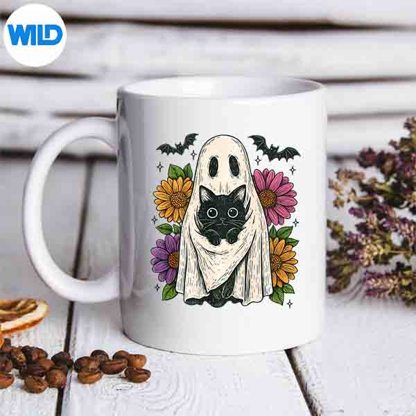 Vintage Halloween Ghost Holding Black Cat Vector Design 7 VintageHalloweenGhostHoldingBlackCatmug