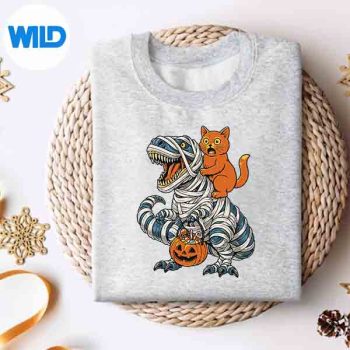CatRidingMummyDinosaurTrexHalloweenPumpkinsweater