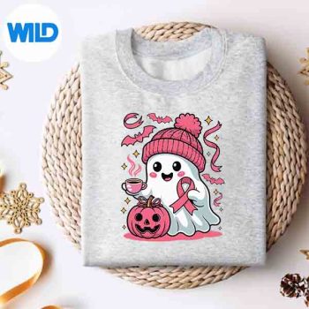 CuteGhostDrinkingCoffeeBreastCancerPinkRibbonsweater