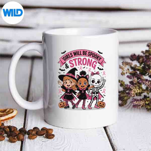 GirlWillBeStrongHalloweenBreastCancerAwarenessmug