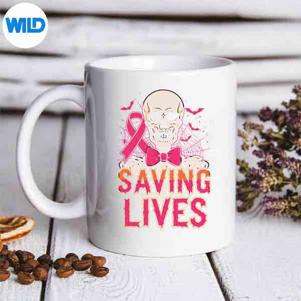 HalloweenCancerAwarenessInOctoberWeWearPinkSkeletonmug