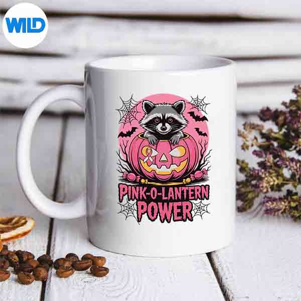 HalloweenPinkolanternPowerRaccoonPumpkinBreastCancermug