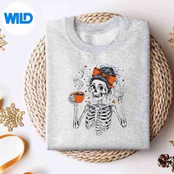 HalloweenSkeletonMessyBunCoffeeCostumeMomsweater