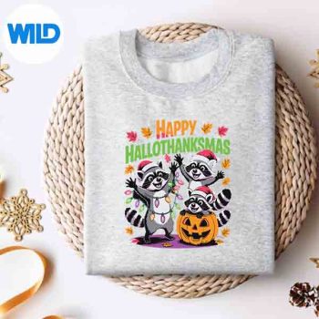 Happy Hallothanksmas Raccoon Halloween Merry Christmas Digital Design 4 HappyHallothanksmasRaccoonHalloweenMerryChristmassweater
