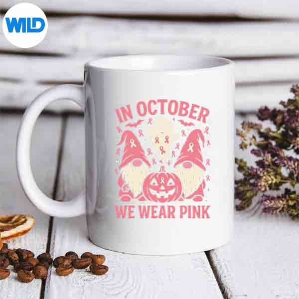 InOctoberWeWearPinkGnomeGhostBreastCancerAwarenessmug