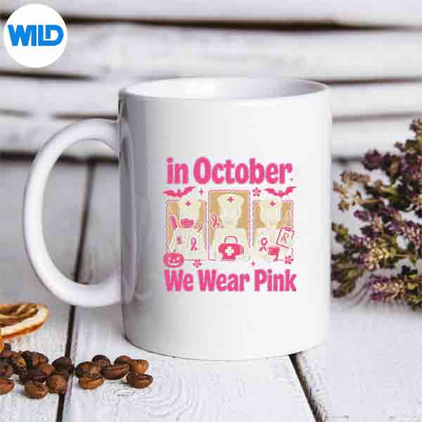 InOctoberWeWearPinkHalloweenSkeletonBreastCancermug