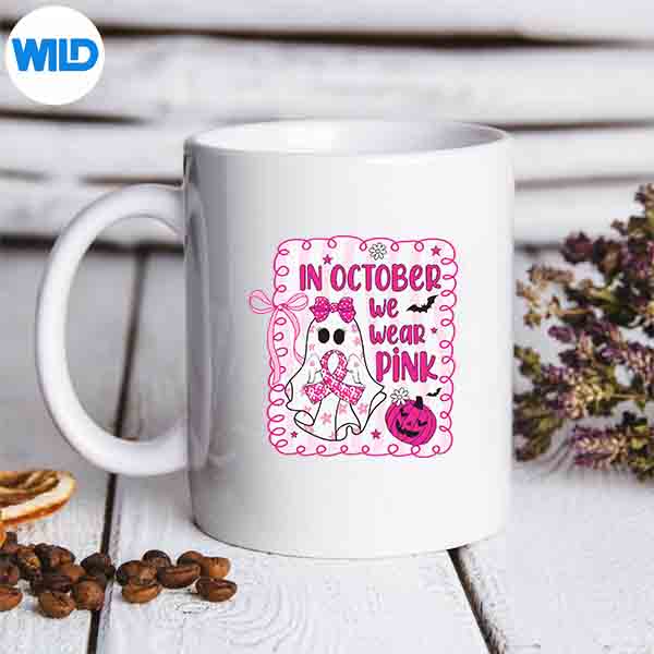 InOctoberWeWearPinkPreppyRibbonHalloweenPinkGhostmug