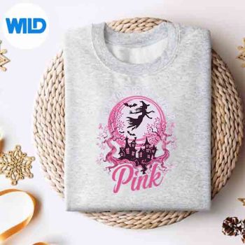 In October We Wear Pink Ribbon Halloween Witch Breast Cancer Vector Design 4 InOctoberWeWearPinkRibbonHalloweenWitchBreastCancersweater