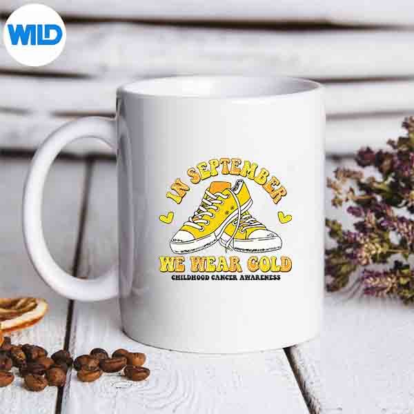 InSeptemberWeWearGoldSneakerChildhoodCancerAwarenessmug