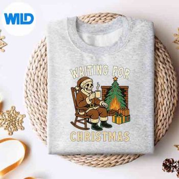 JustWaitingForChristmasHalloweenSkeletonDrinkCoffeesweater