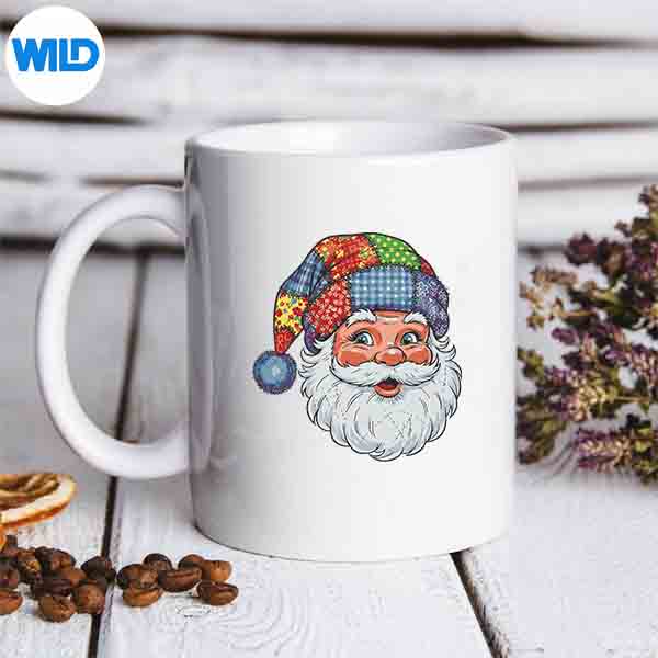 MerryChristmasPatchworkSantaClausFaceXmasHolidaymug