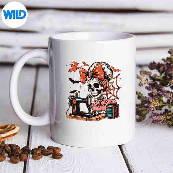 MessyBunHairSkeletonSewerQuilterHalloweenQuiltingmug