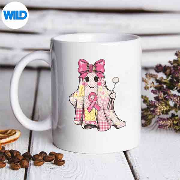 PinkBowPatchworkDentalGhostBreastCancerHalloweenGirlmug