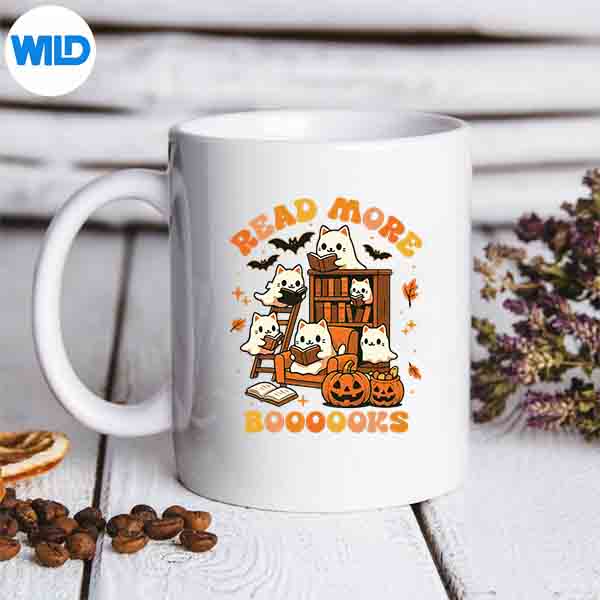 ReadMoreBooksCatReadingBookTeacherHalloweenGhostmug