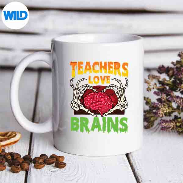 TeacherTeachersLoveBrainsSkeletonHandHeartHalloweenmug