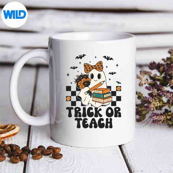 TrickOrTeachTeacherHalloweenRetroGhostmug