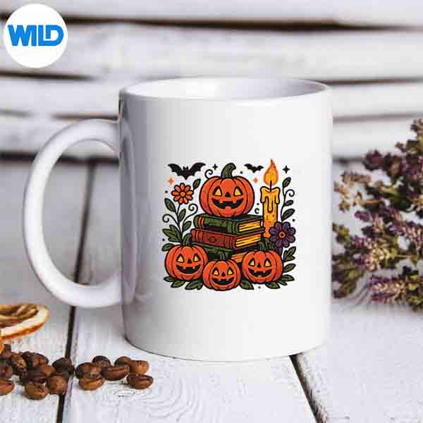 VintageBookStackWithFallFlowersPumpkinsHalloweenmug