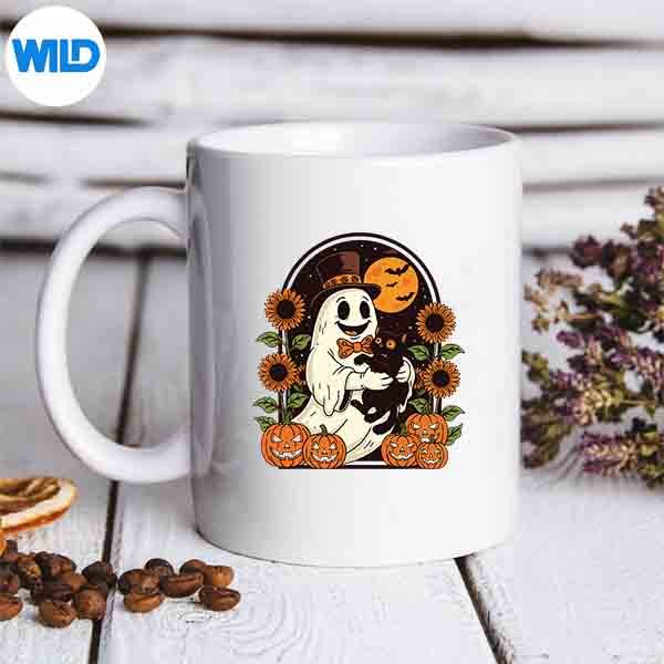 VintageHalloweenGhostWithBlackCatmug