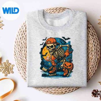 VintageHalloweenSkeletonPlayingHockeyPumpkinsSpookysweater