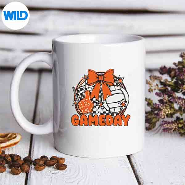 VolleyballGameDayRetroGirlsVolleyballMomCheerOrangemug