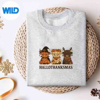 HallothanksmasHighlandCowTrioHalloweenThanksgivingsweater