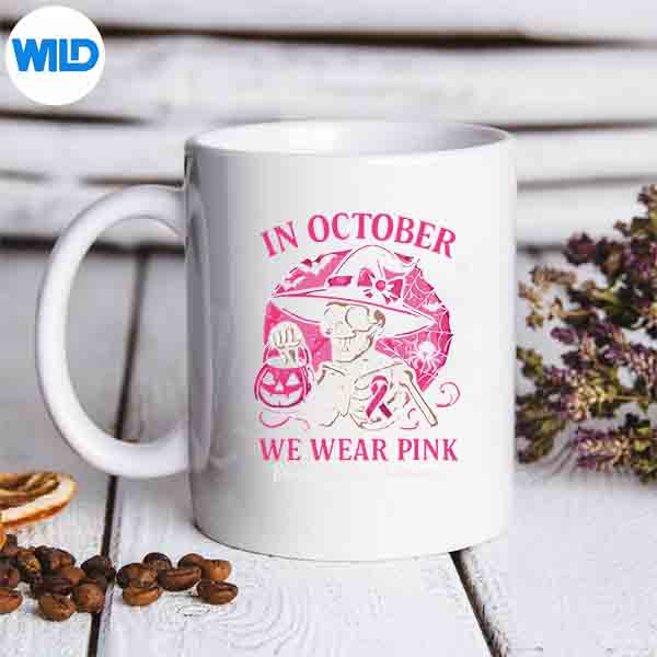 HalloweenSkeletonInOctoberWeWearPinkBreastCancermug