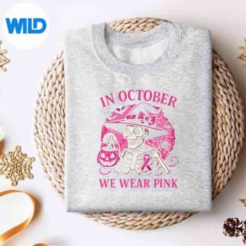 HalloweenSkeletonInOctoberWeWearPinkBreastCancersweater