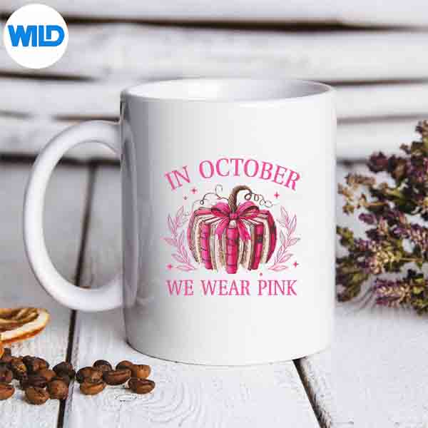 InOctoberWeWearPinkPumpkinBookBreastCancerAwarenessmug