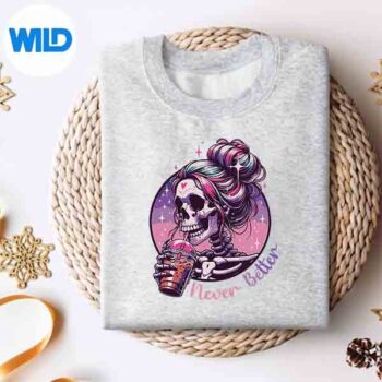 NeverBetterSkeletonMessyBunDrinkingCoffeeCutesweater