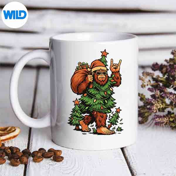 SantaBigfootChristmasTreeXmasLightsSasquatchmug