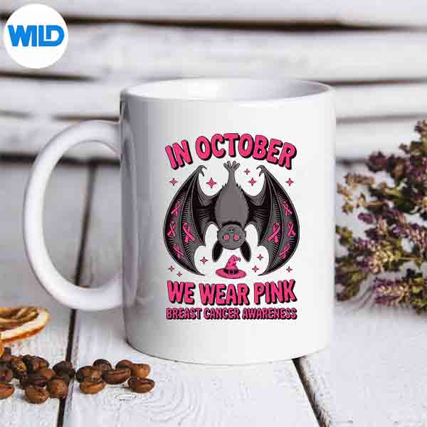 WeWearPinkInOctoberBreastCancerBatHalloweenmug