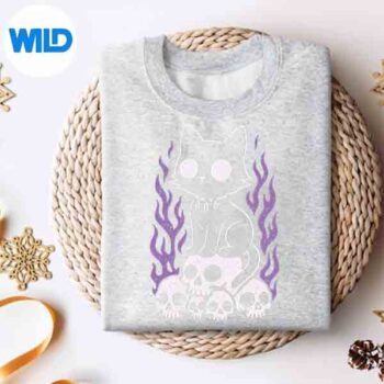 CatKittySkullsCreepyCuteKawaiiPastelGothPurpleFlamesweater