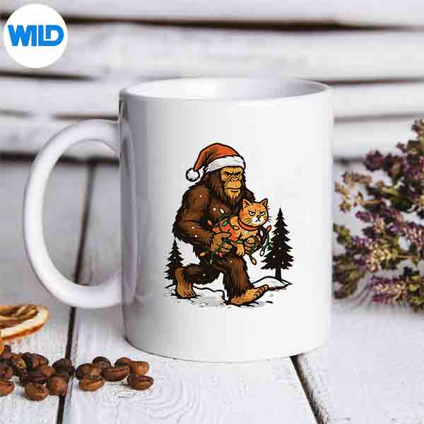ChristmasBigfootWithCatAndLightsSantaHatXmasmug