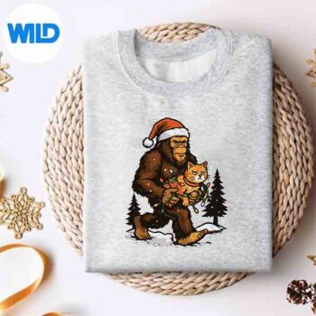 Christmas Bigfoot With Cat And Lights Santa Hat Xmas Silhouette SVG PNG 4 ChristmasBigfootWithCatAndLightsSantaHatXmassweater
