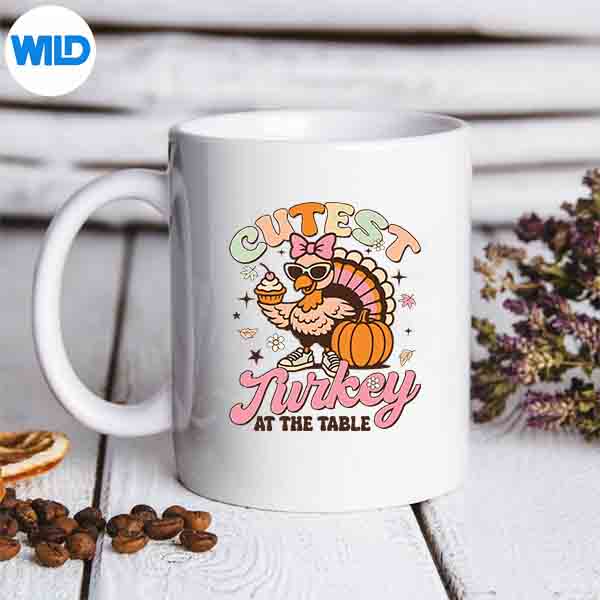 CutestTurkeyAtTableThanksgivingGirlToddlermug