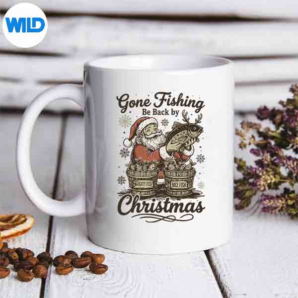 GoneFishingBeBackByChristmasSantaFishermenRetromug