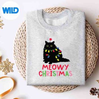 MeowyChristmasXmasLightsBlackCatPajamasFamilysweater