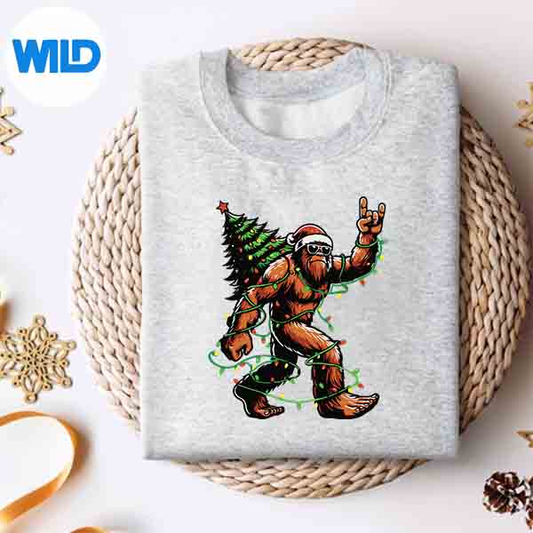 Alternative view of Santa Bigfoot Christmas Tree Xmas Lights Sasquatch SVG PNG Digital Download