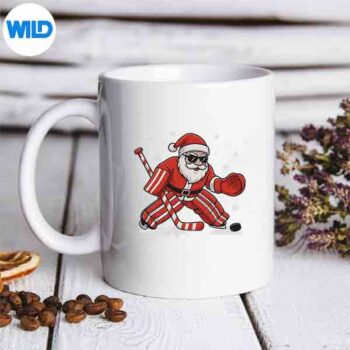 SantaPlayingIceHockeyGoalieChristmasmug