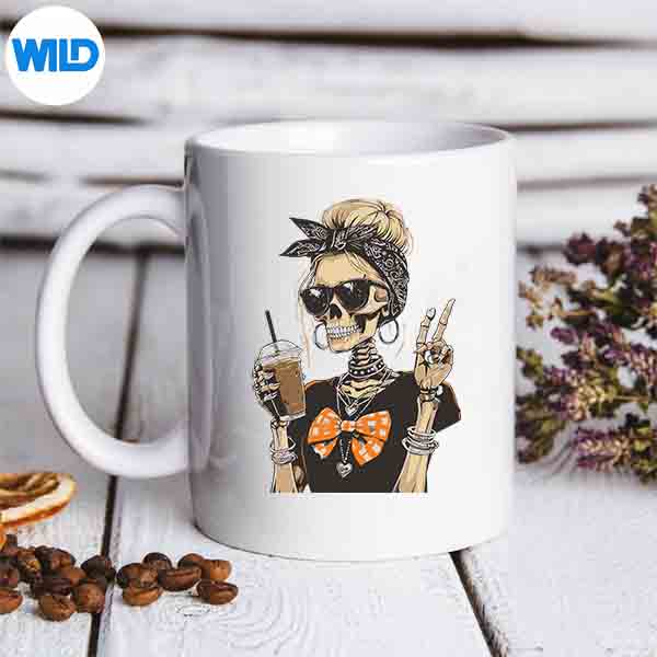 SkeletonGirlDrinkingCoffeePeaceSignmug