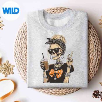 SkeletonGirlDrinkingCoffeePeaceSignsweater