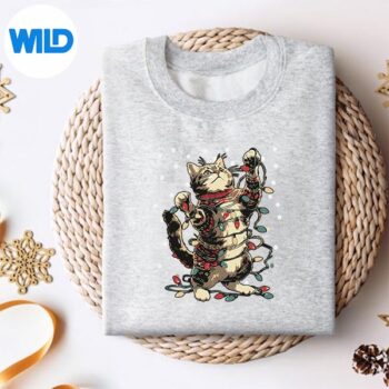 CuteTabbyCatWithSnowAndChristmasLightsWinterKittensweater