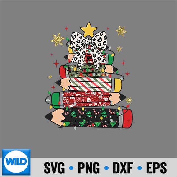 Teacher Christmas Tree Lights Pencil Leopard Print Cute Bow SVG PNG Digital Design 6 TeacherChristmasTreeLightsPencilLeopardPrintCuteBow